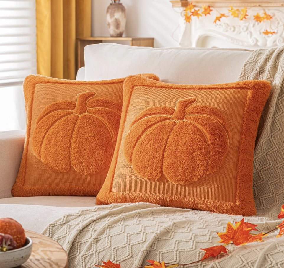 Embroidered Faux Fur Pumpkin Pillow Covers Set of 2